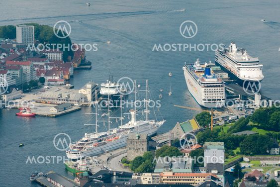 Aerial view of Bergen port with cruise ships docked, Norway