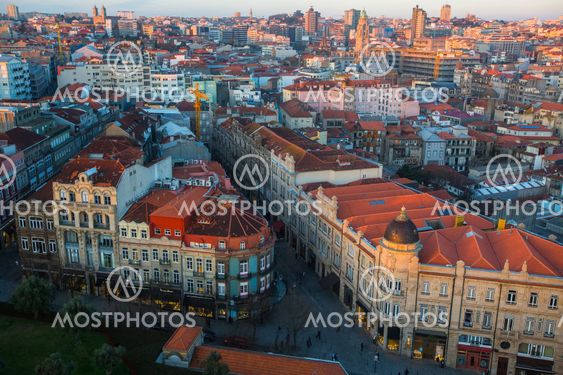 Top view of old Porto downtown at dusk, Portugal.