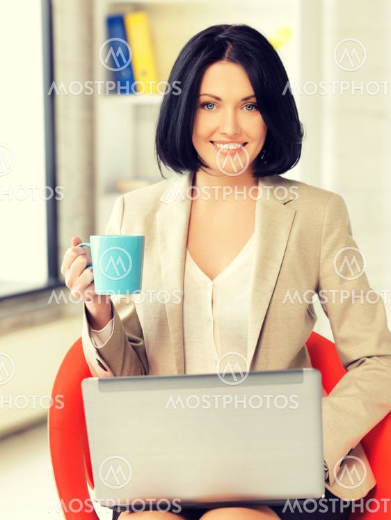 happy woman with laptop computer