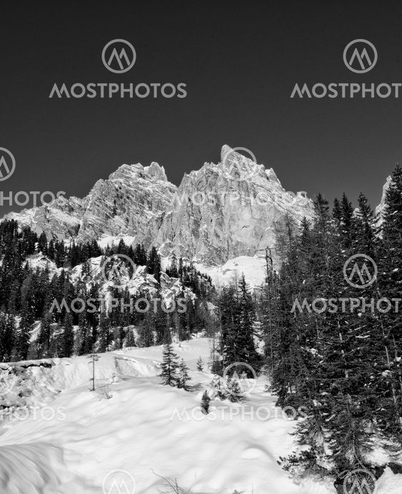 Snowy Landscape of Dolomites Mountains during Winter