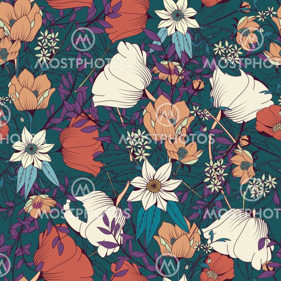 Seamless pattern design with hand drawn flowers and...