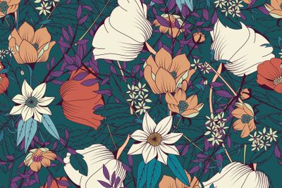 Seamless pattern design with hand drawn flowers and...