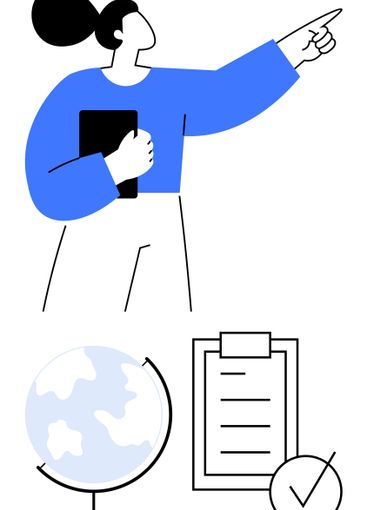 Confident Woman Pointing With Notebook, Globe, and...