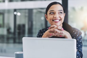 Woman, journalist and laptop for thinking in office,...