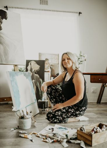 Art, painting and portrait of woman with canvas in home...