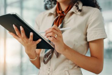 Office, person and hands with tablet for writing, email...