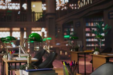 Refined vintage library with wooden shelves and classic...