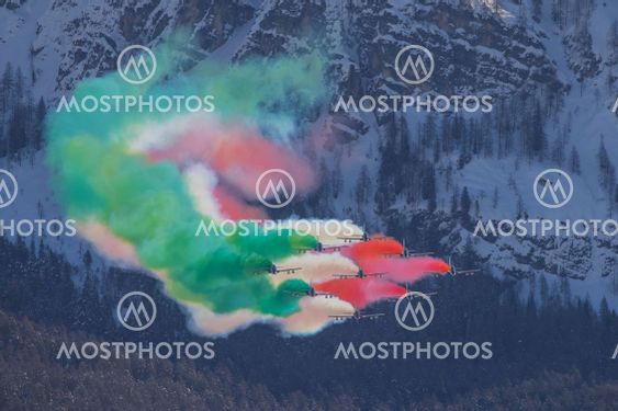 Acrobatic group of Freccia trecolori jet aeroplanes are...
