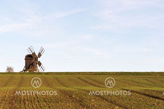 Old windmill by a farmers corn field