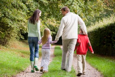 Rear view of family walking along track