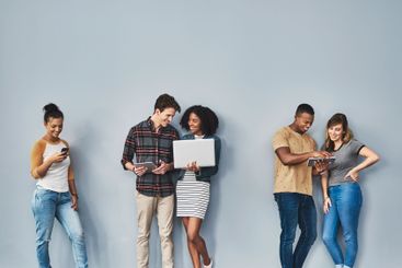 Interview, business people and waiting with technology...