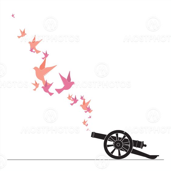 Abstract vector illustration of ancient artillery gun and birds.