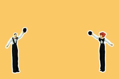 Miniature people toy figure photography. Side view full...