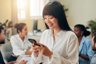 Accountant, happy or businesswoman in office with phone...