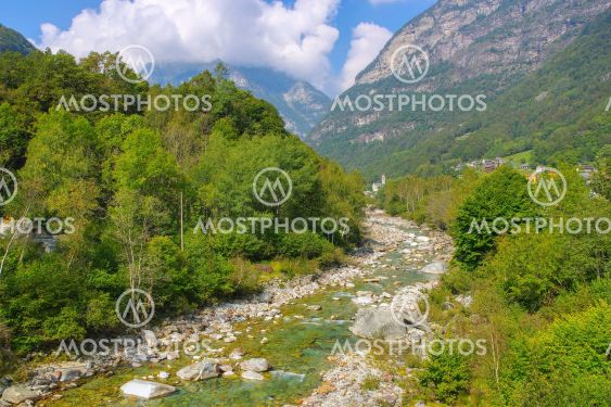 Frasco and Verzasca river, Verzasca valley, Ticino,...