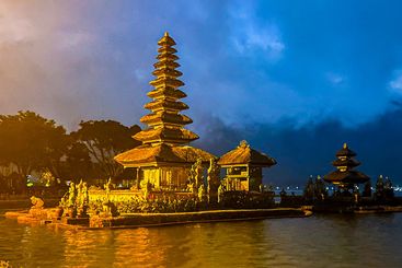 Pura Ulun Danu Bratan Temple at dusk. Bali tourist...