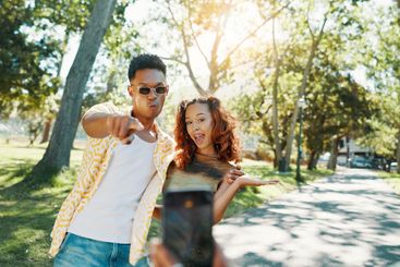 Happy, photography and couple in nature on date for...