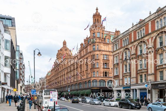 London, UK - April 2018: Exterior building of Harrods, the luxury department store dedicated to the finest products in food, fashion, homeware and technology, located on Brompton Road in Knightsbridge, London