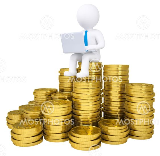 3d white man with a laptop sitting on the coins