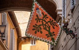 SIENA, ITALY - SEPTEMBER 23, 2023 - Contrade flag of the...