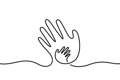 Child hand in parent hand one line illustration