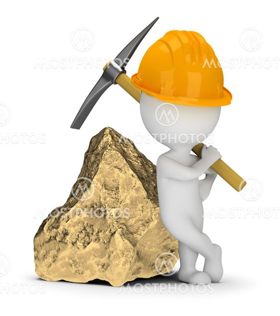 3d small people - miner next to a big gold nugget