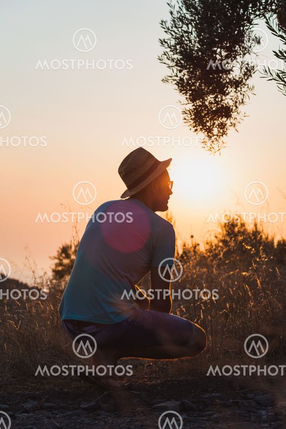 Silhouette of man in the summer field contemplate the...