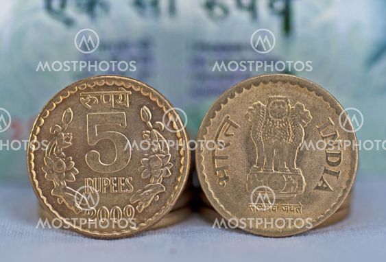 Closeup Indian Coin 5 rupees isolated copy space