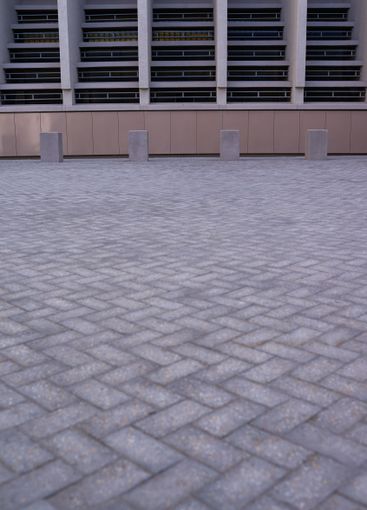 Building, architecture and road with pavement in city...