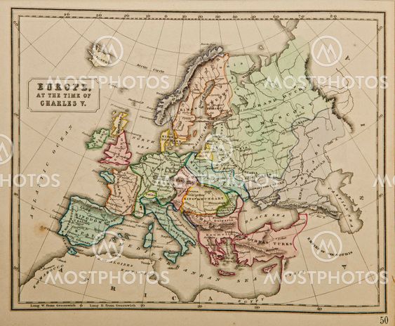 Europe. Ancient map of the world . Published by George Philip and son at London 1857 and are not subject to copyright.