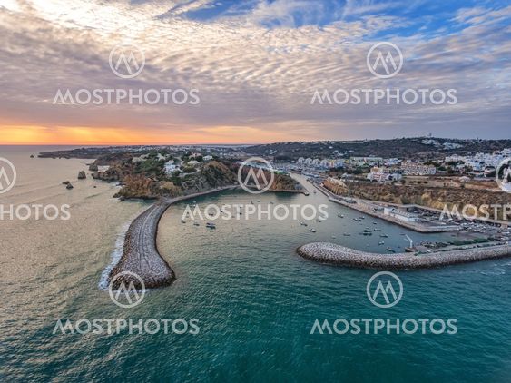 Aerial. Entrance to the harbor seaport in Albufeira.