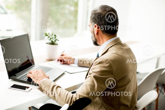 Handsome middle-aged businessman working on laptop in...