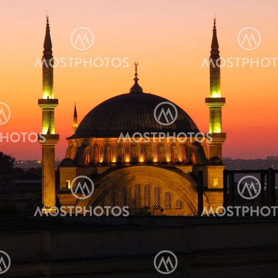 Fatih Mosque floodlit at night in old Istanbul, Turkey