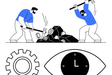 Workers Breaking Rocks with Tools and Symbols of Time...