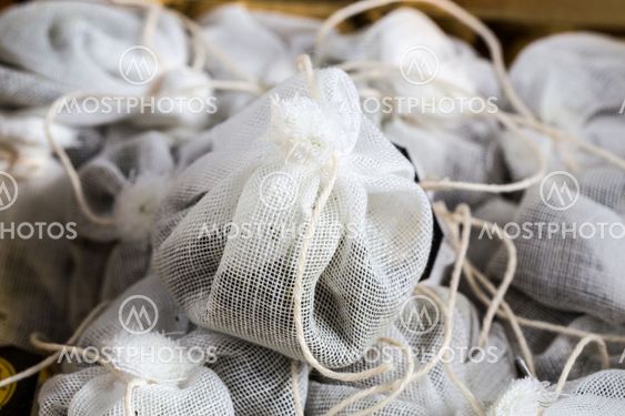 Tea bag made of fabric in a box