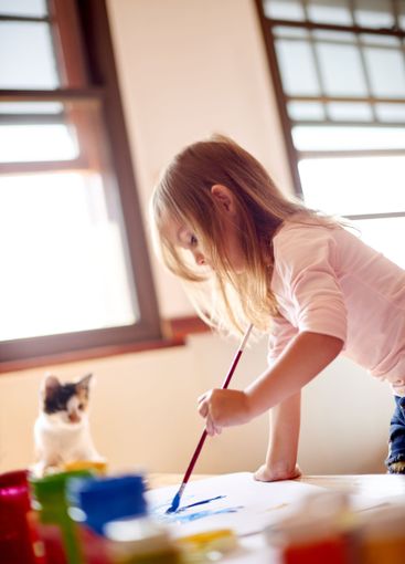 Cat, child or painting in home for creativity, learning...