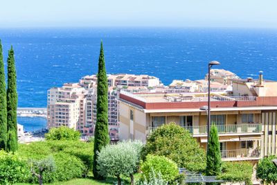Daylight view from top to hotel buildings balconies and...