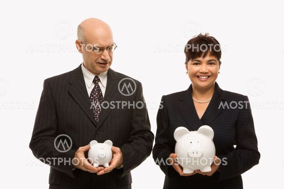 Businesspeople holding piggybanks.