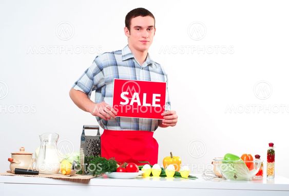 portrait of a young man, hold sale mark