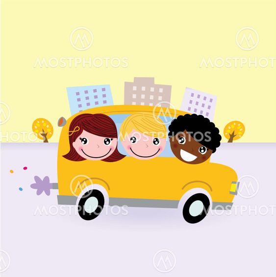 School bus with kids driving through town