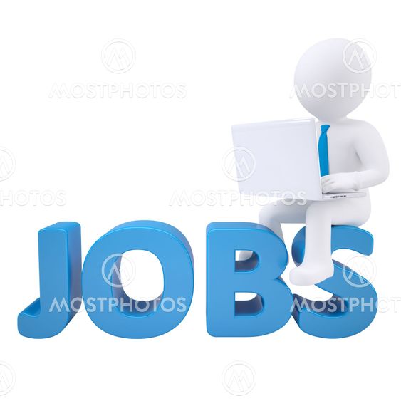 3d man sitting with a laptop on the word jobs