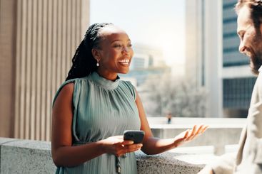 Discussion, outdoor and people with casual conversation,...