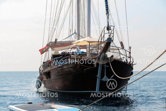 Front view, bow of vintage wooden sailing ship, sailingboat