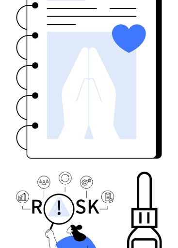 Notebook with prayer hands, heart symbol, risk...