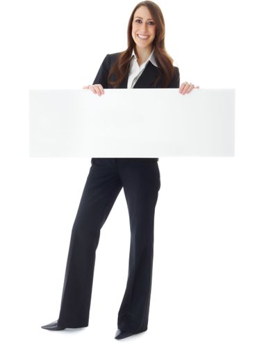 Studio, businesswoman and portrait with poster for...