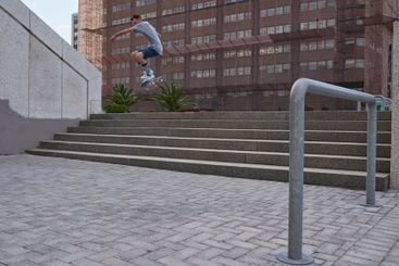 City, jump and man with skateboard, stairs or skills for...