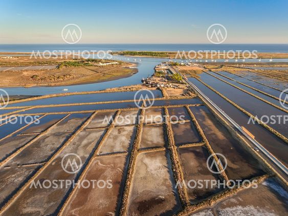 Salt lakes view from the sky on the island Tavira. Quatro...