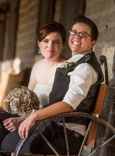 Newlywed Couple on Antique Bench