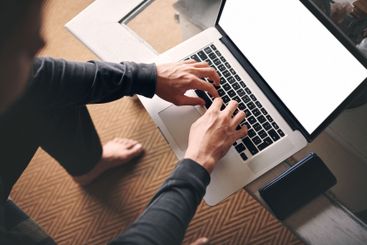 Man, hands and typing on laptop for remote work,...