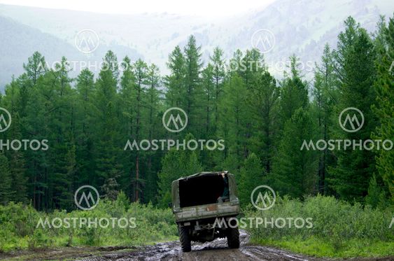 the truck goes on the way to a taiga